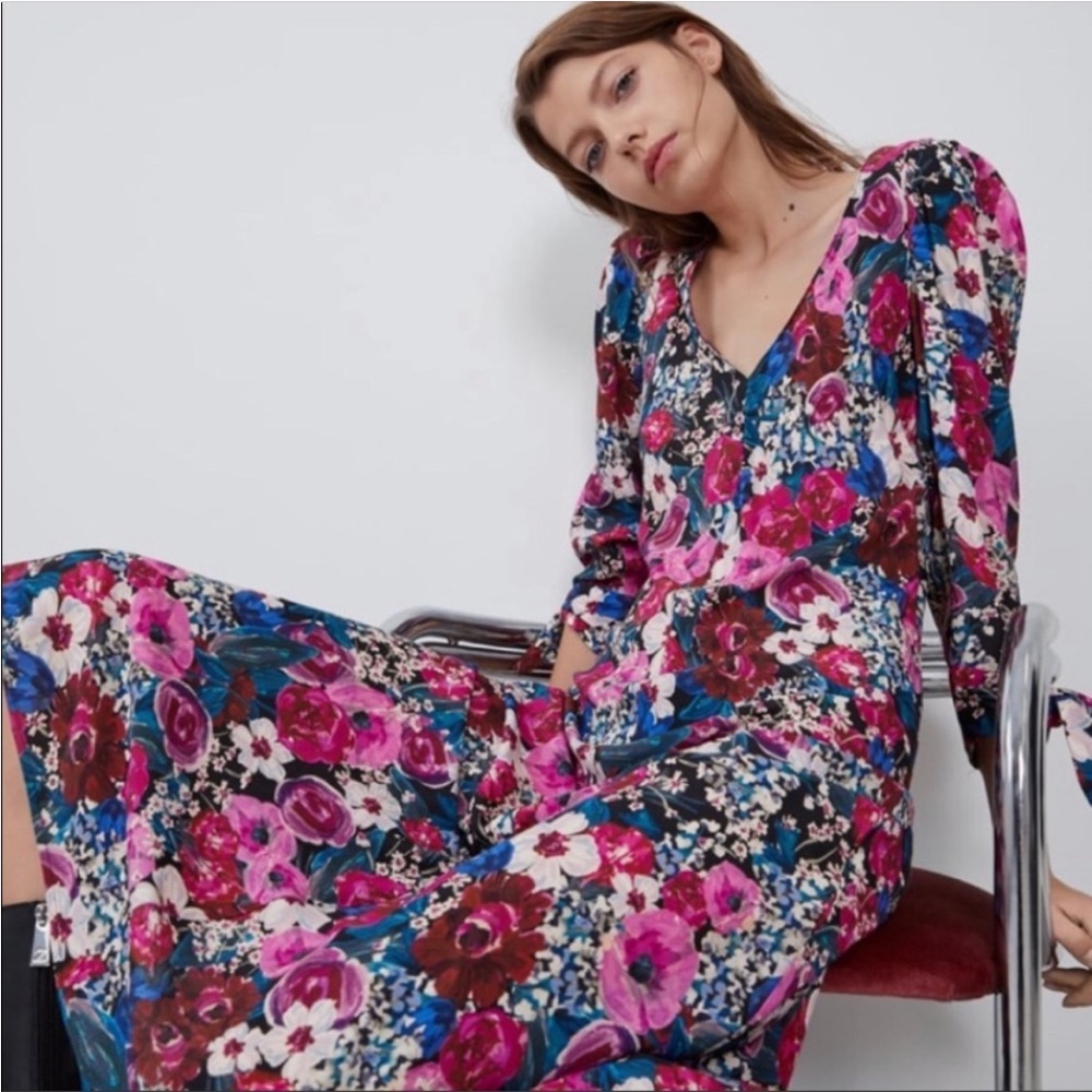 Zara tie sleeve floral print maxi dress